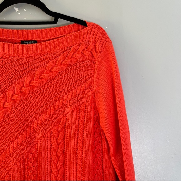 Talbots Red Orange Boat Neck Sweater Cable Knit Cotton Size Large Petite LP - Picture 4 of 8